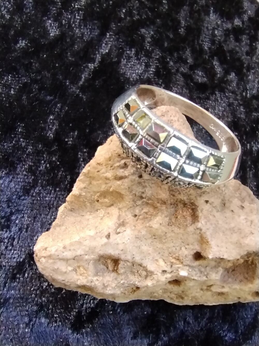 Modena MO Signed 1980's Marcasite Domed 925 Sterling Silver Vintage Ring 9.25